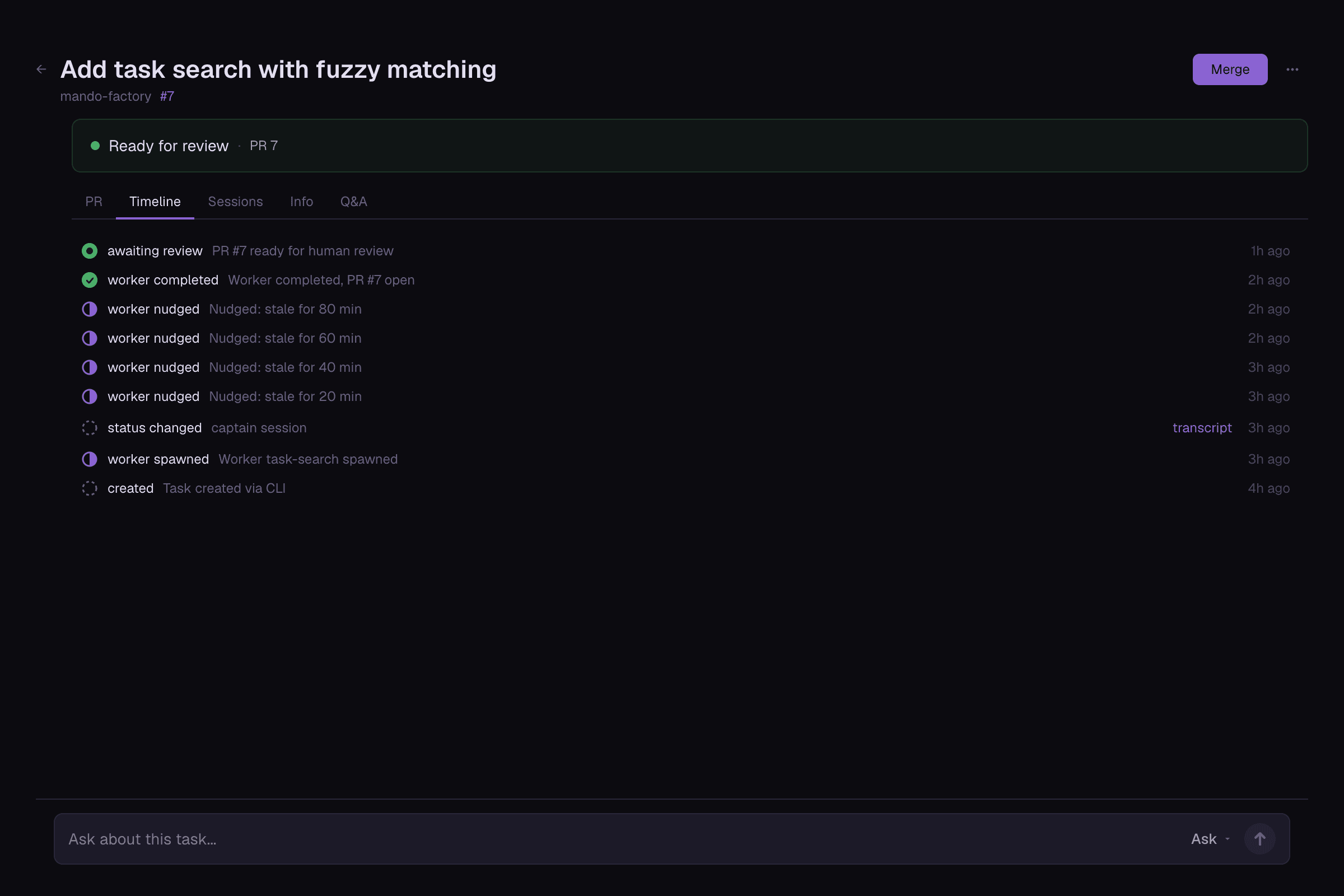 Captain task list — queued tasks, in-progress workers, and completed PRs in one dense list