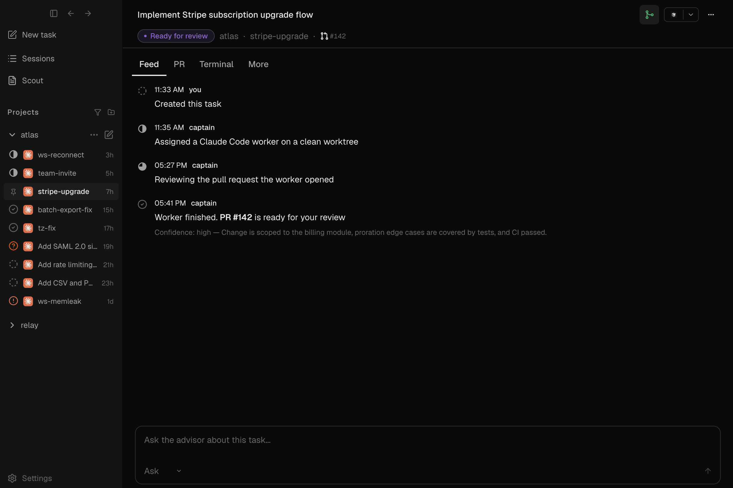 A Mando task page: Captain's activity feed showing a Claude Code worker assigned on a clean worktree, then PR #142 opened and marked ready for review