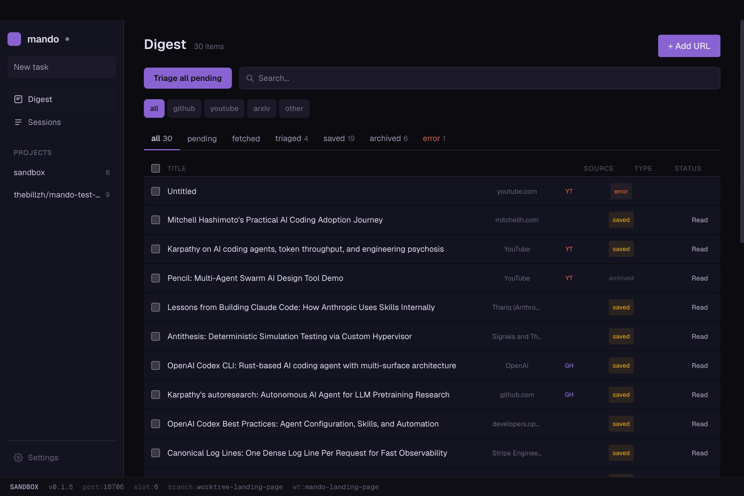 Digest view — articles from YouTube, GitHub, and arXiv with type filters and status badges