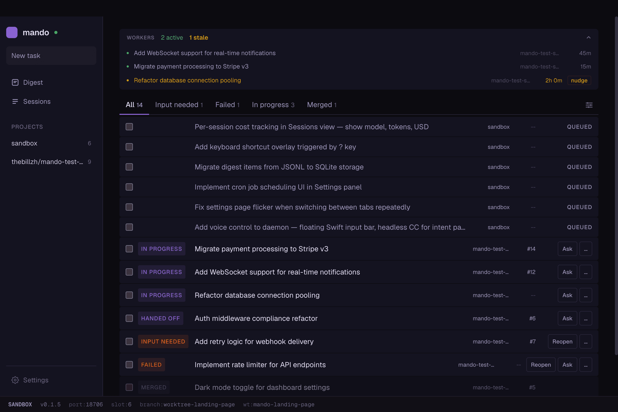 Mando Captain view — task backlog with worker statuses, PR links, and project filtering