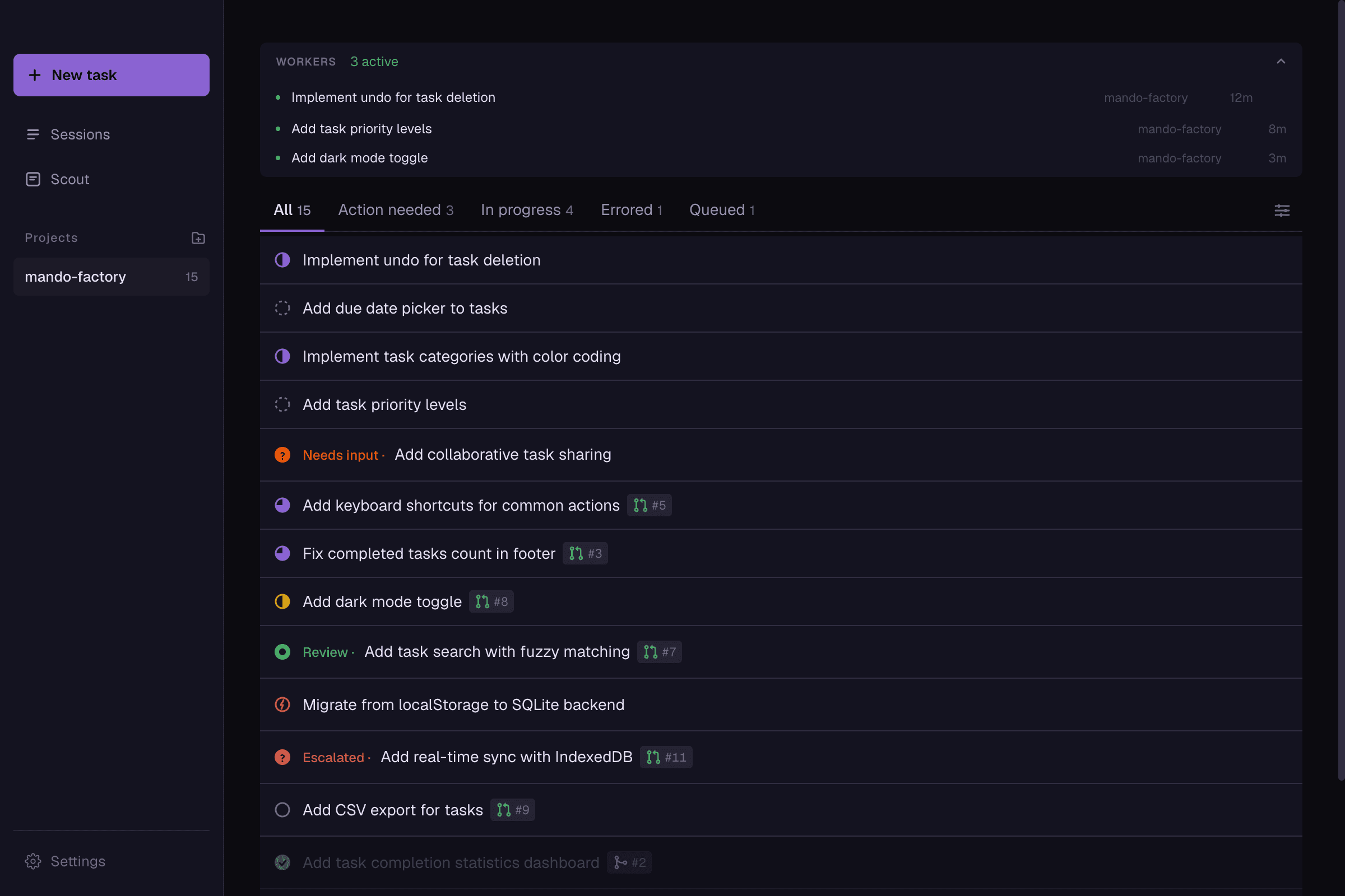 Mando Captain view — task list with worker statuses, PR links, and project filtering
