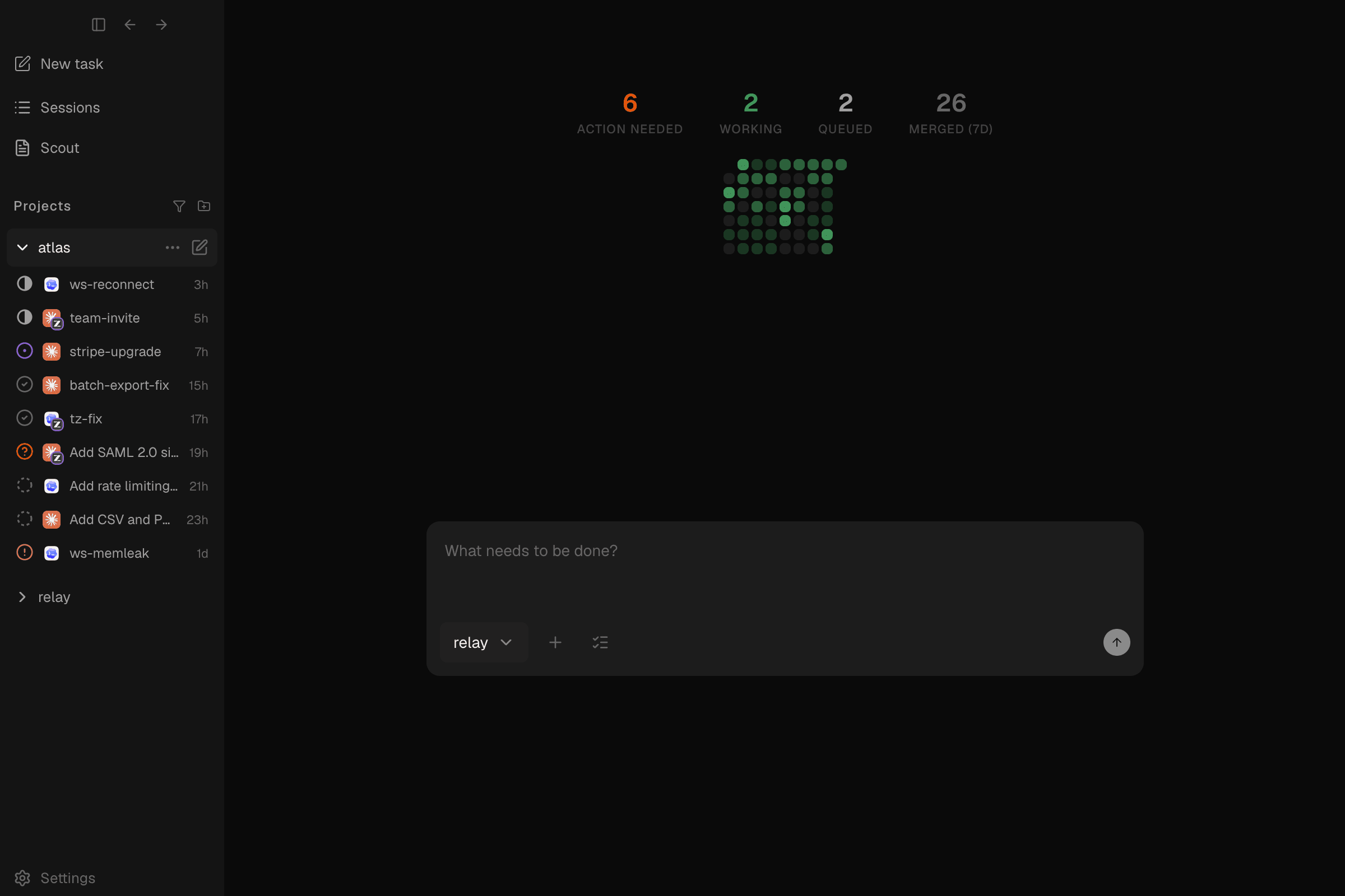 Mando command center: task pipeline stats, a 56-day merge-activity heatmap, and a per-project task list where each task runs on its own coding agent, a mix of Claude Code, Codex, and GLM workers
