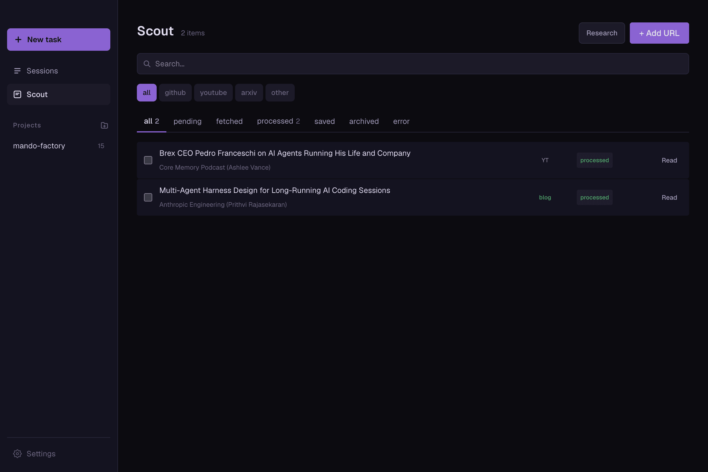 Scout view — articles from YouTube, GitHub, and arXiv with type filters and status badges